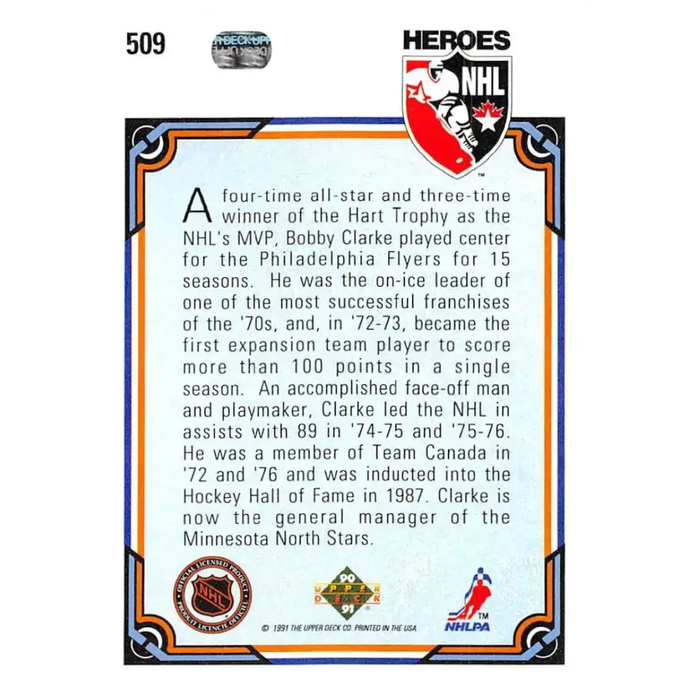 1990-91 Upper Deck #509 Bobby Clarke NM-MT Philadelphia Flyers Hockey Card - Hockey Card Single
