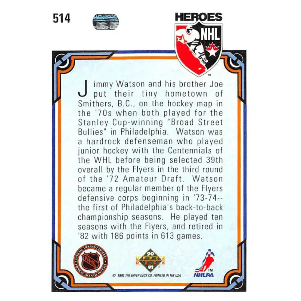 1990-91 Upper Deck #514 Jimmy Watson NM-MT Philadelphia Flyers Hockey Card - Hockey Card Single
