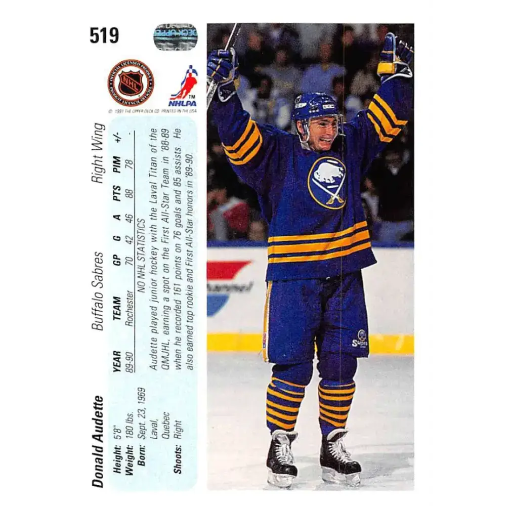 1990-91 Upper Deck #519 Donald Audette NM-MT RC Rookie Buffalo Sabres Hockey Card - Hockey Card Single