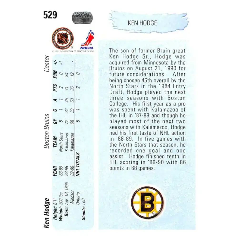 1990-91 Upper Deck #529 Ken Hodge Jr. NM-MT RC Rookie Boston Bruins Hockey Card - Hockey Card Single
