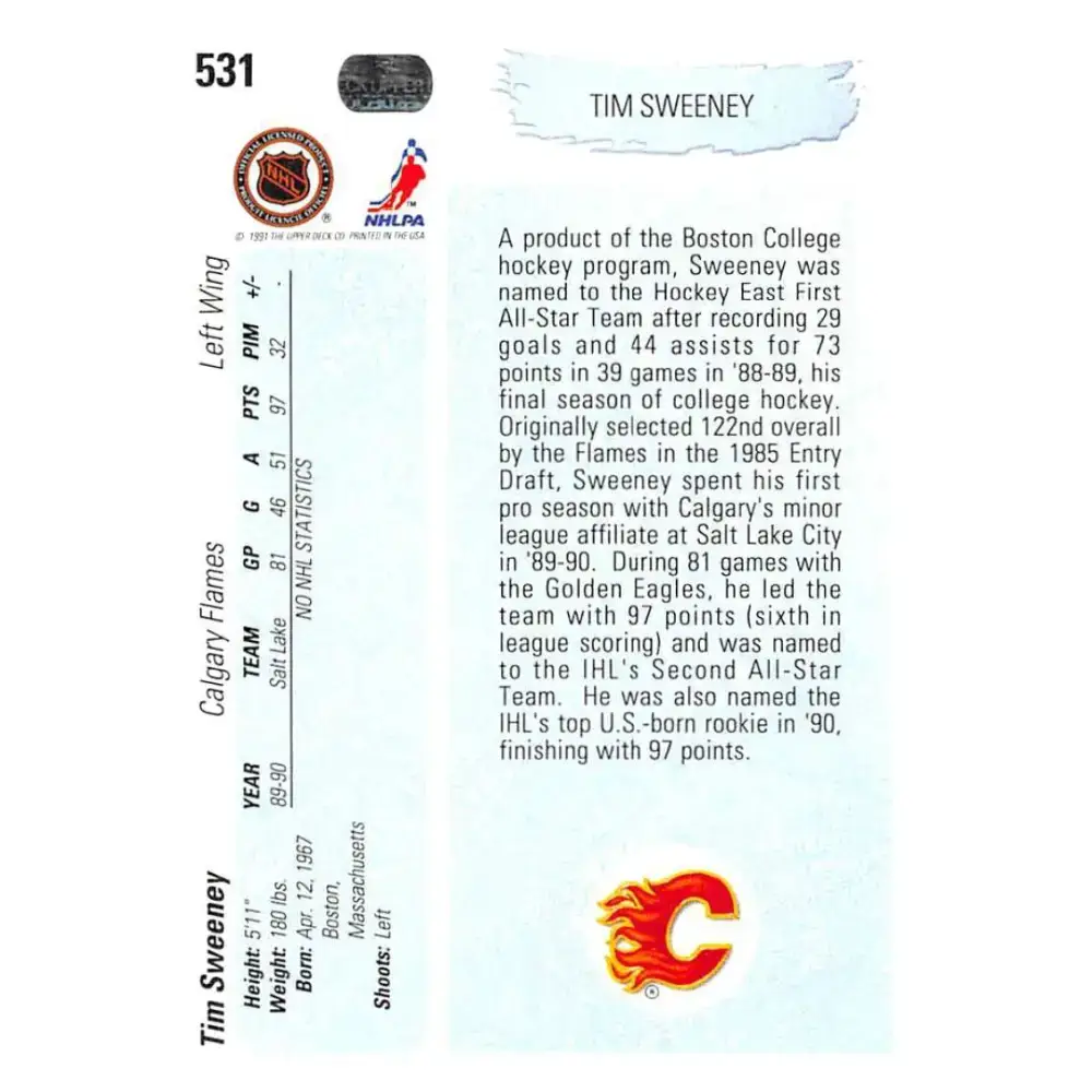 1990-91 Upper Deck #531 Tim Sweeney NM-MT RC Rookie Calgary Flames Hockey Card