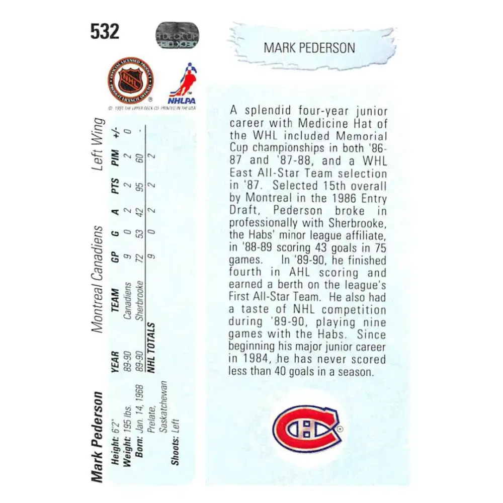 1990-91 Upper Deck #532 Mark Pederson NM-MT Montreal Canadiens Hockey Card - Hockey Card Single