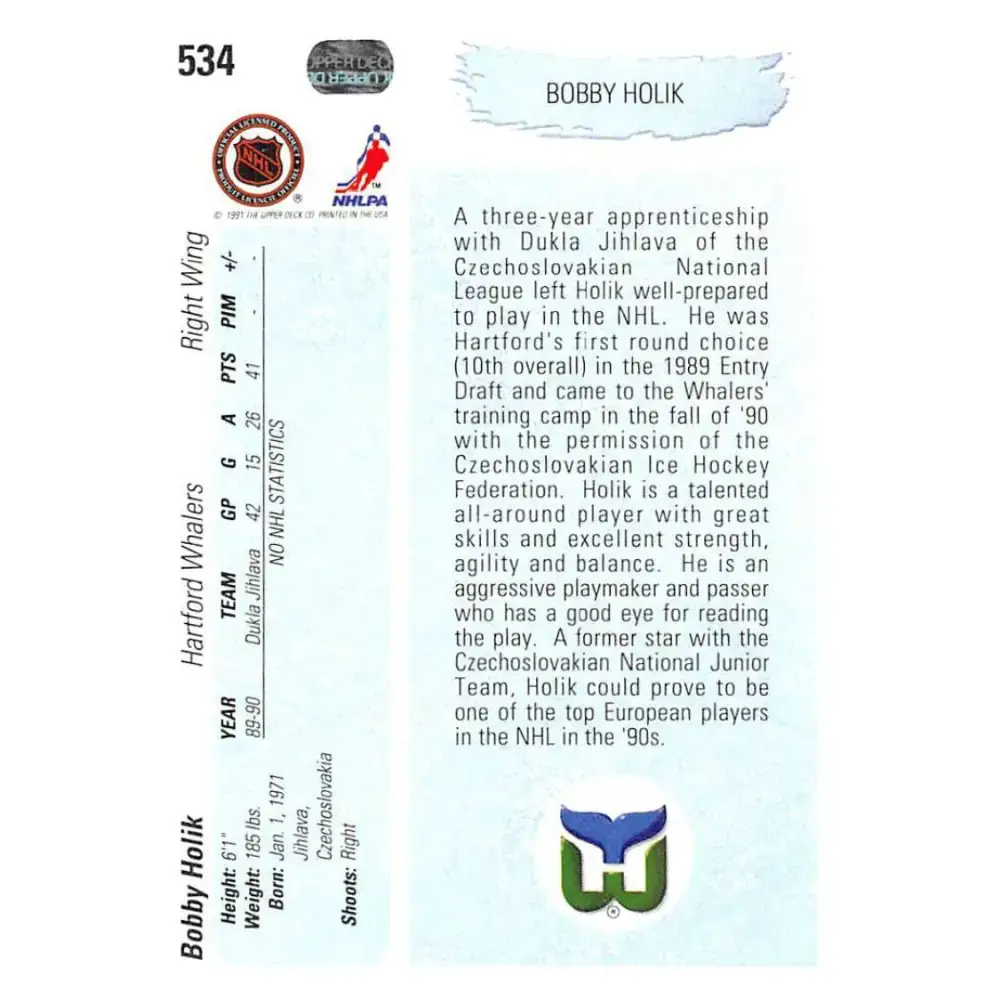1990-91 Upper Deck #534 Bobby Holik NM-MT RC Rookie Hartford Whalers Hockey Card - Hockey Card Single