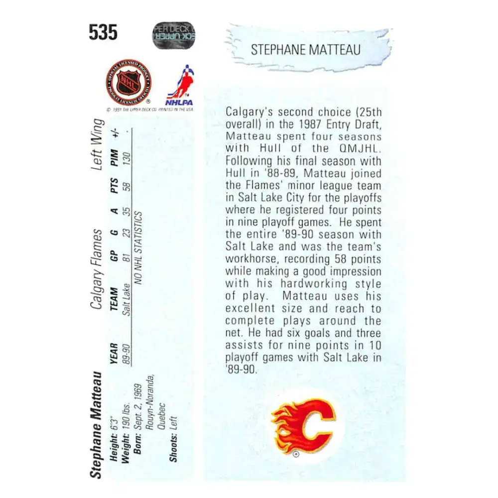 1990-91 Upper Deck #535 Stephane Matteau NM-MT RC Rookie Calgary Flames Hockey Card - Hockey Card Single