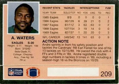 1990 Action Packed #209 Andre Waters - Football Card Single