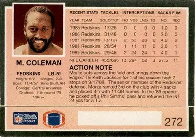 1990 Action Packed #272 Monte Coleman - Football Card Single