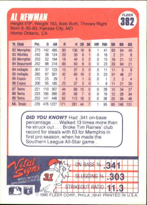 1990 Al Newman Fleer Baseball Card #382
