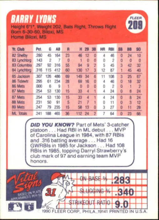 1990 Barry Lyons Fleer Baseball Card #209