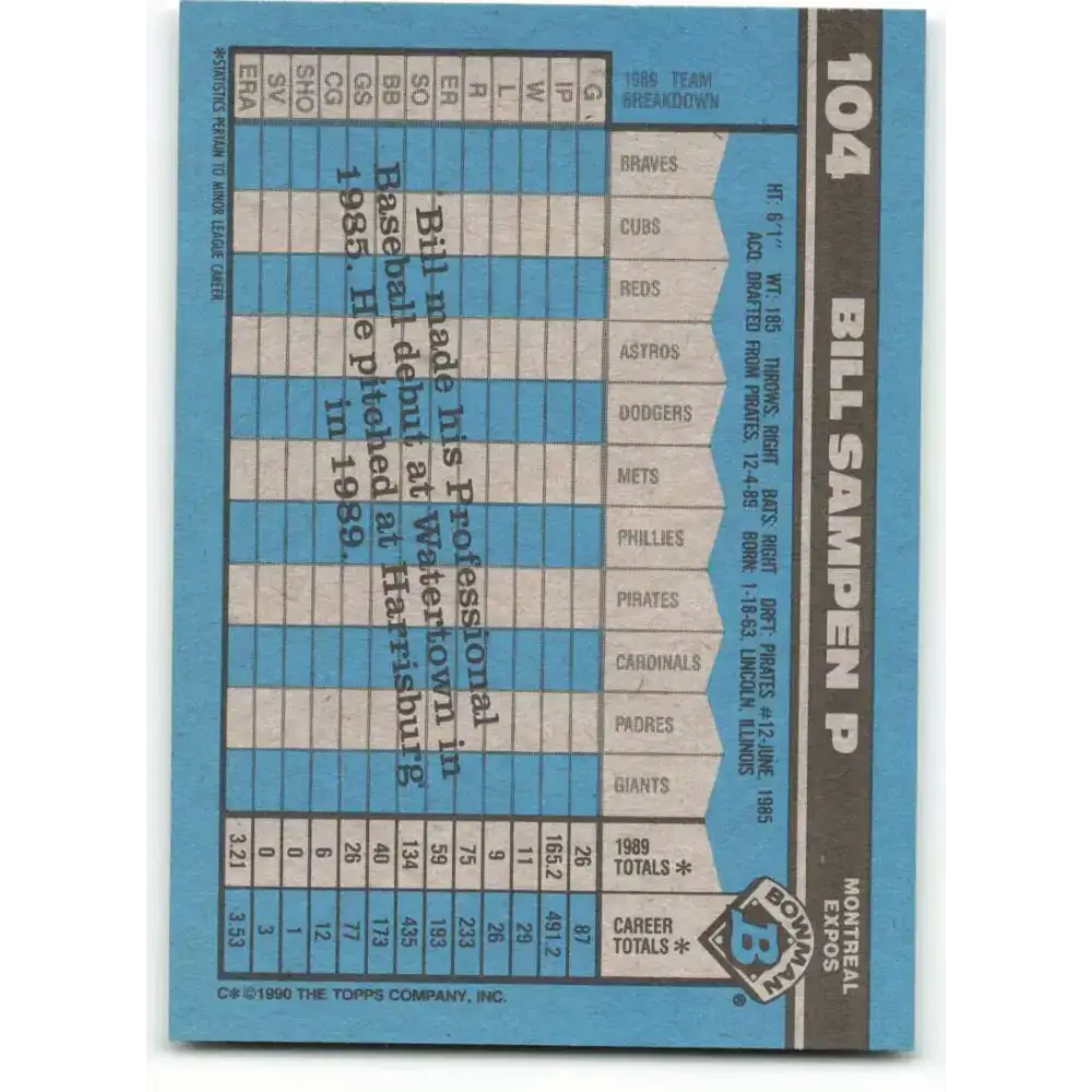 1990 Bowman #104 Bill Sampen NM-MT RC Rookie Montreal Expos Baseball Card - Baseball Card Single