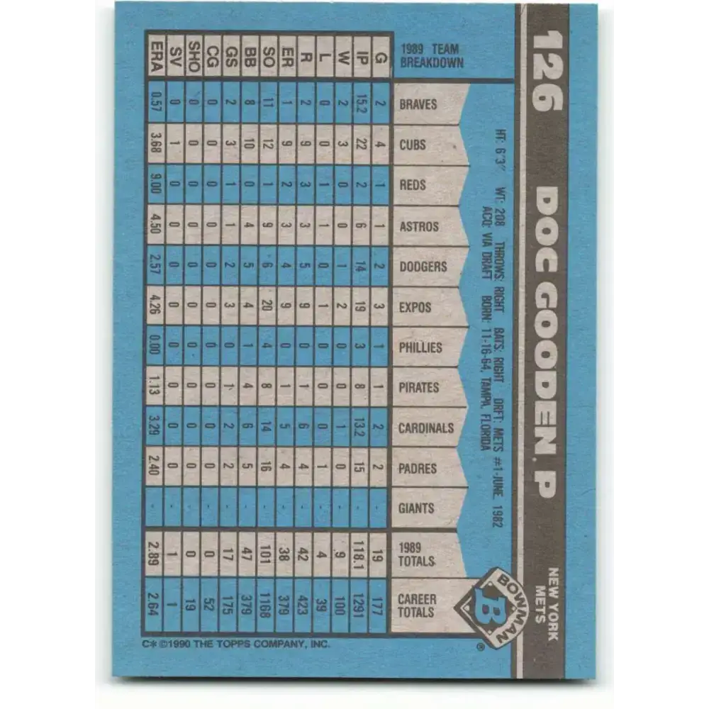 1990 Bowman #126 Dwight Gooden NM-MT New York Mets Baseball Card - Baseball Card Single