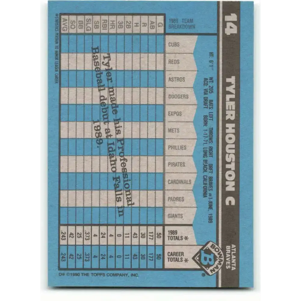 1990 Bowman #14 Tyler Houston NM-MT RC Rookie Atlanta Braves Baseball Card - Baseball Card Single