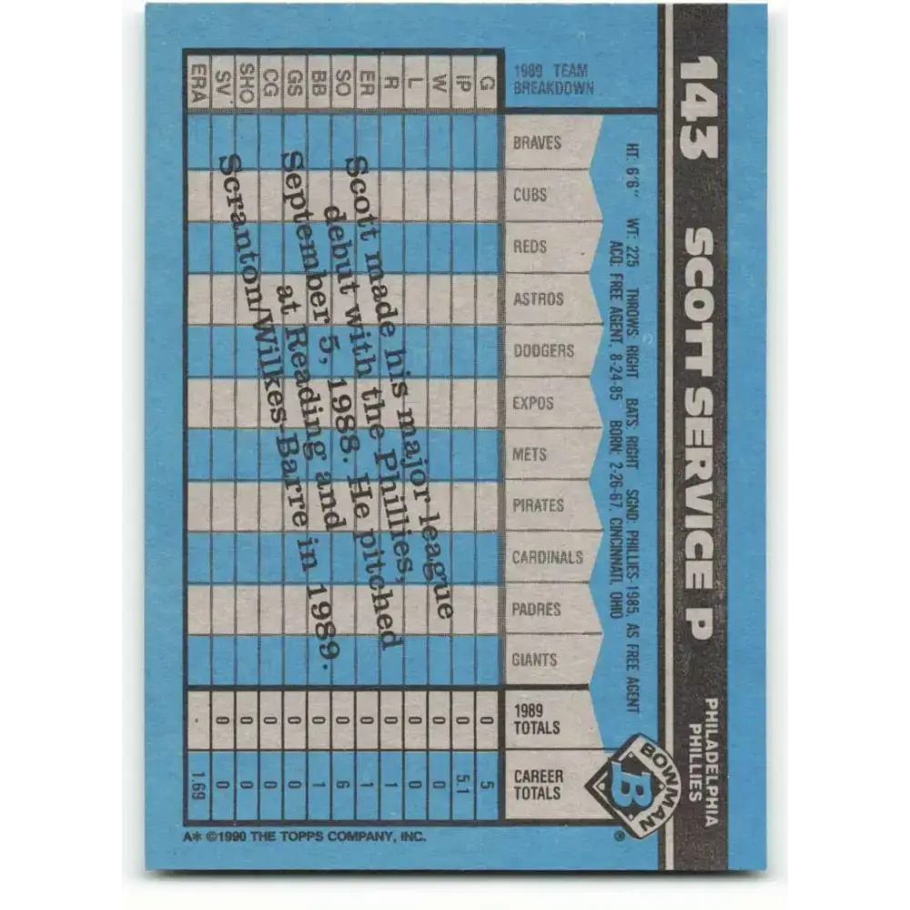 1990 Bowman #143 Scott Service NM-MT Philadelphia Phillies Baseball Card - Baseball Card Single