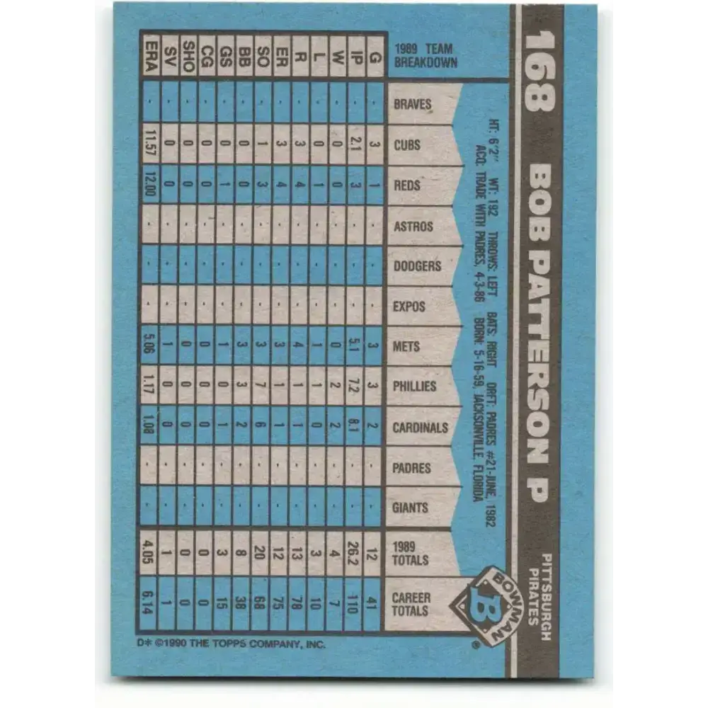 1990 Bowman #168 Bob Patterson NM-MT Pittsburgh Pirates Baseball Card - Baseball Card Single