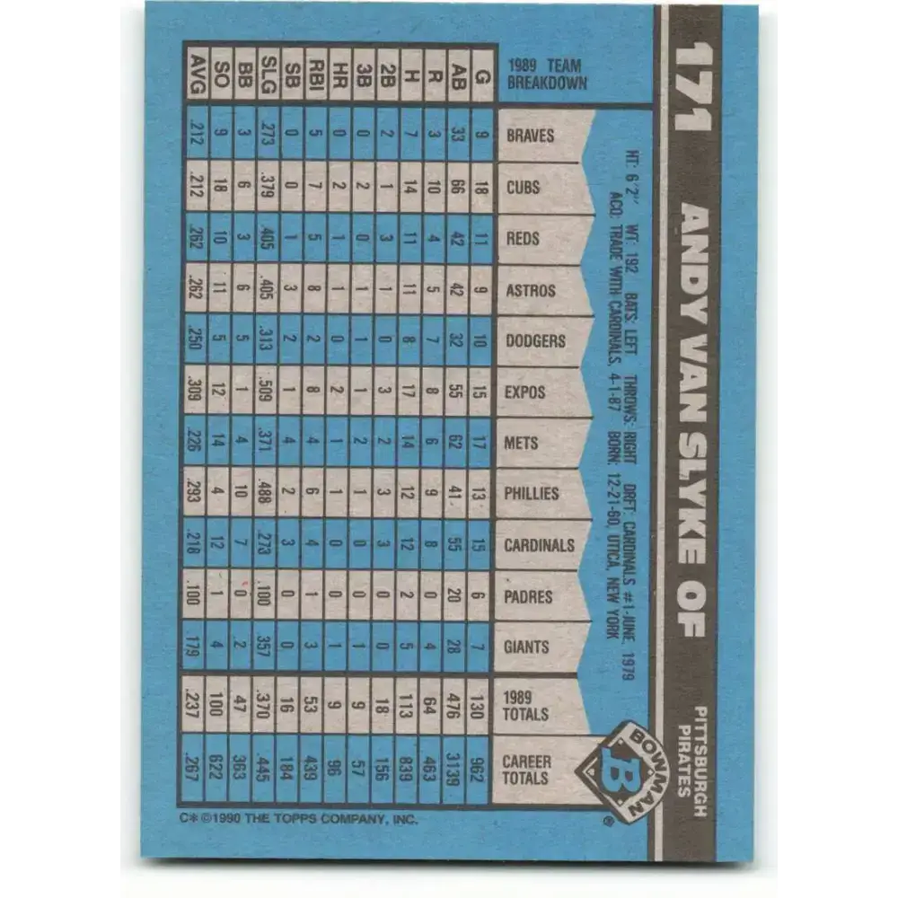 1990 Bowman #171 Andy Van Slyke NM-MT Pittsburgh Pirates Baseball Card - Baseball Card Single