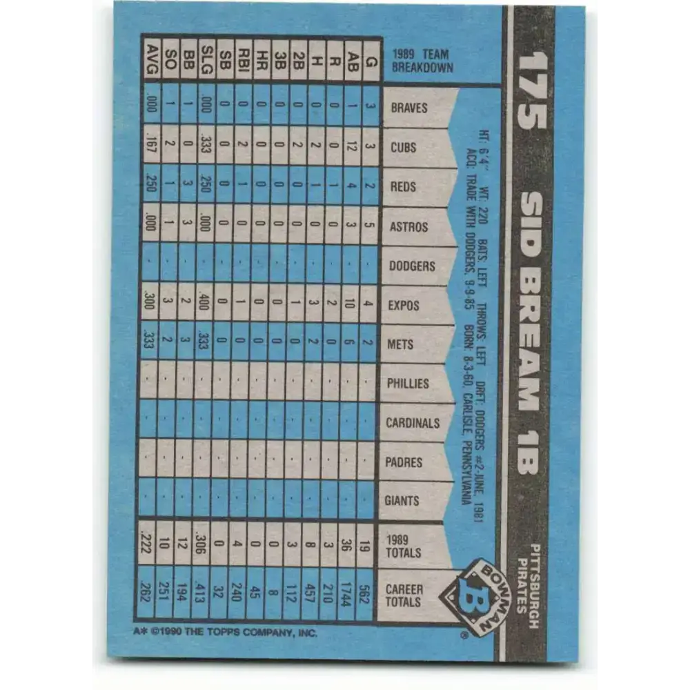 1990 Bowman #175 Sid Bream NM-MT Pittsburgh Pirates Baseball Card - Baseball Card Single