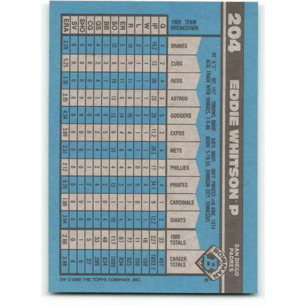 1990 Bowman #204 Ed Whitson NM-MT San Diego Padres Baseball Card - Baseball Card Single