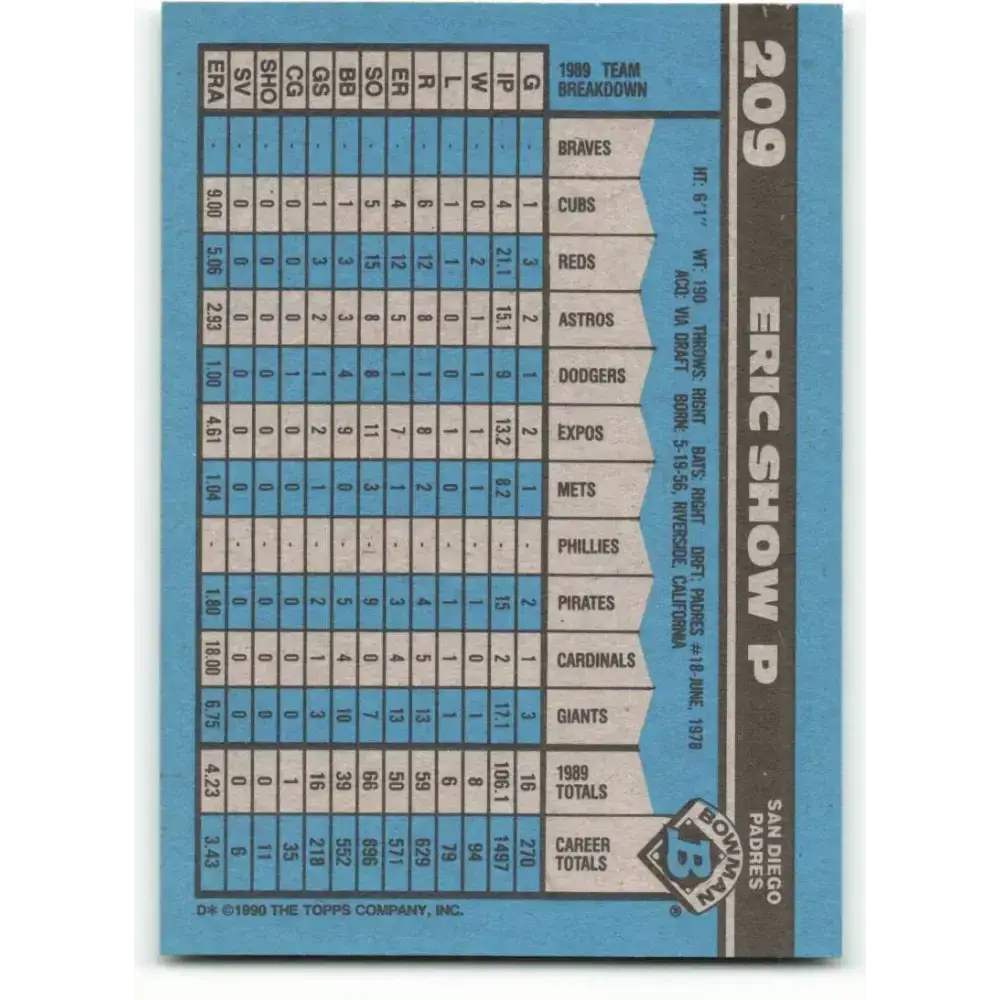 1990 Bowman #209 Eric Show NM-MT San Diego Padres Baseball Card - Baseball Card Single