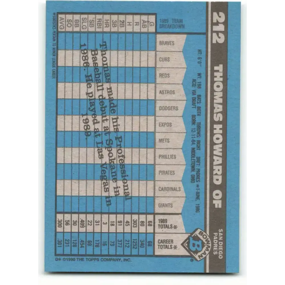 1990 Bowman #212 Thomas Howard NM-MT San Diego Padres Baseball Card - Baseball Card Single