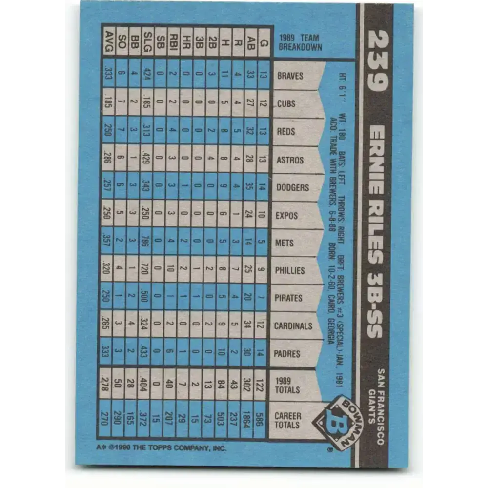 1990 Bowman #239 Ernest Riles NM-MT San Francisco Giants Baseball Card - Baseball Card Single