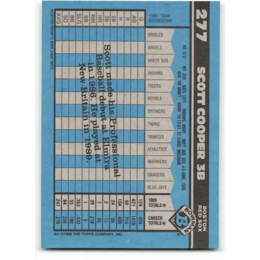 1990 Bowman #277 Scott Cooper NM-MT RC Rookie Boston Red Sox Baseball Card - Baseball Card Single