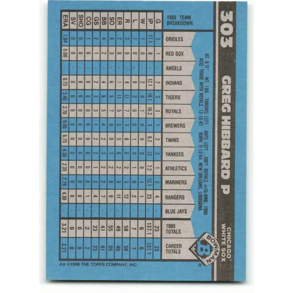 1990 Bowman #303 Greg Hibbard NM-MT RC Rookie Chicago White Sox Baseball Card