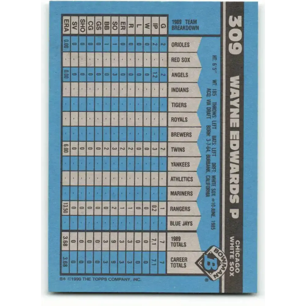 1990 Bowman #309 Wayne Edwards NM-MT RC Rookie Chicago White Sox Baseball Card - Baseball Card Single