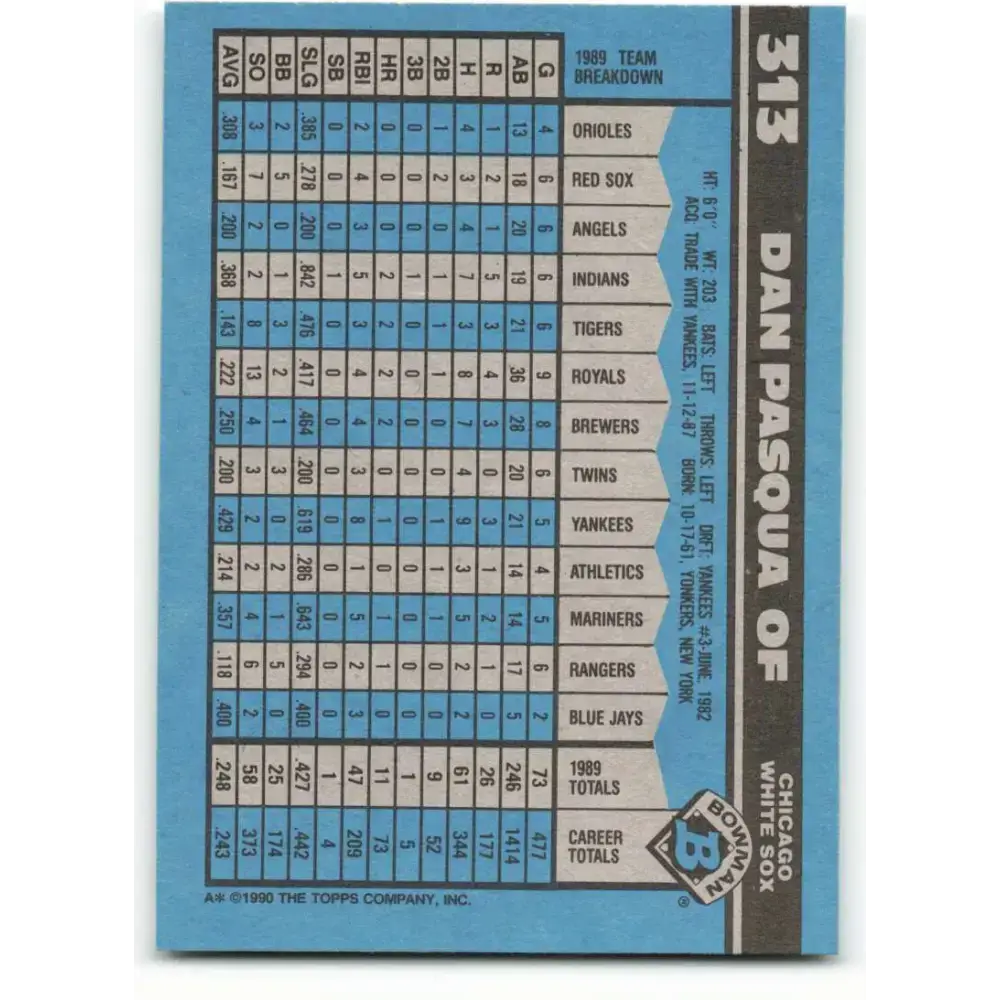 1990 Bowman #313 Dan Pasqua NM-MT Chicago White Sox Baseball Card - Baseball Card Single