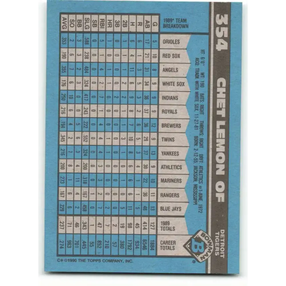 1990 Bowman #354 Chet Lemon NM-MT Detroit Tigers Baseball Card - Baseball Card Single