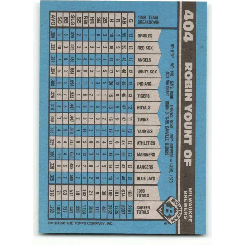 1990 Bowman #404 Robin Yount NM-MT Milwaukee Brewers Baseball Card - Baseball Card Single
