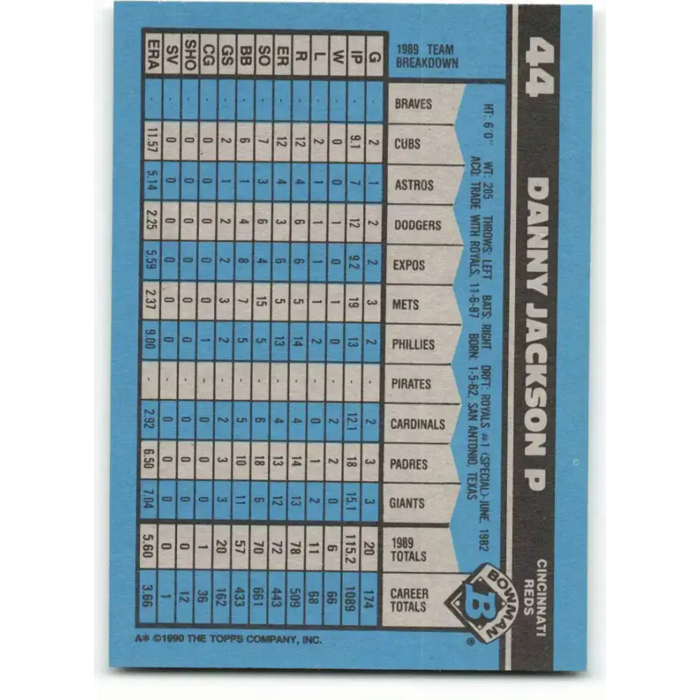 1990 Bowman #44 Danny Jackson NM-MT Cincinnati Reds Baseball Card - Baseball Card Single