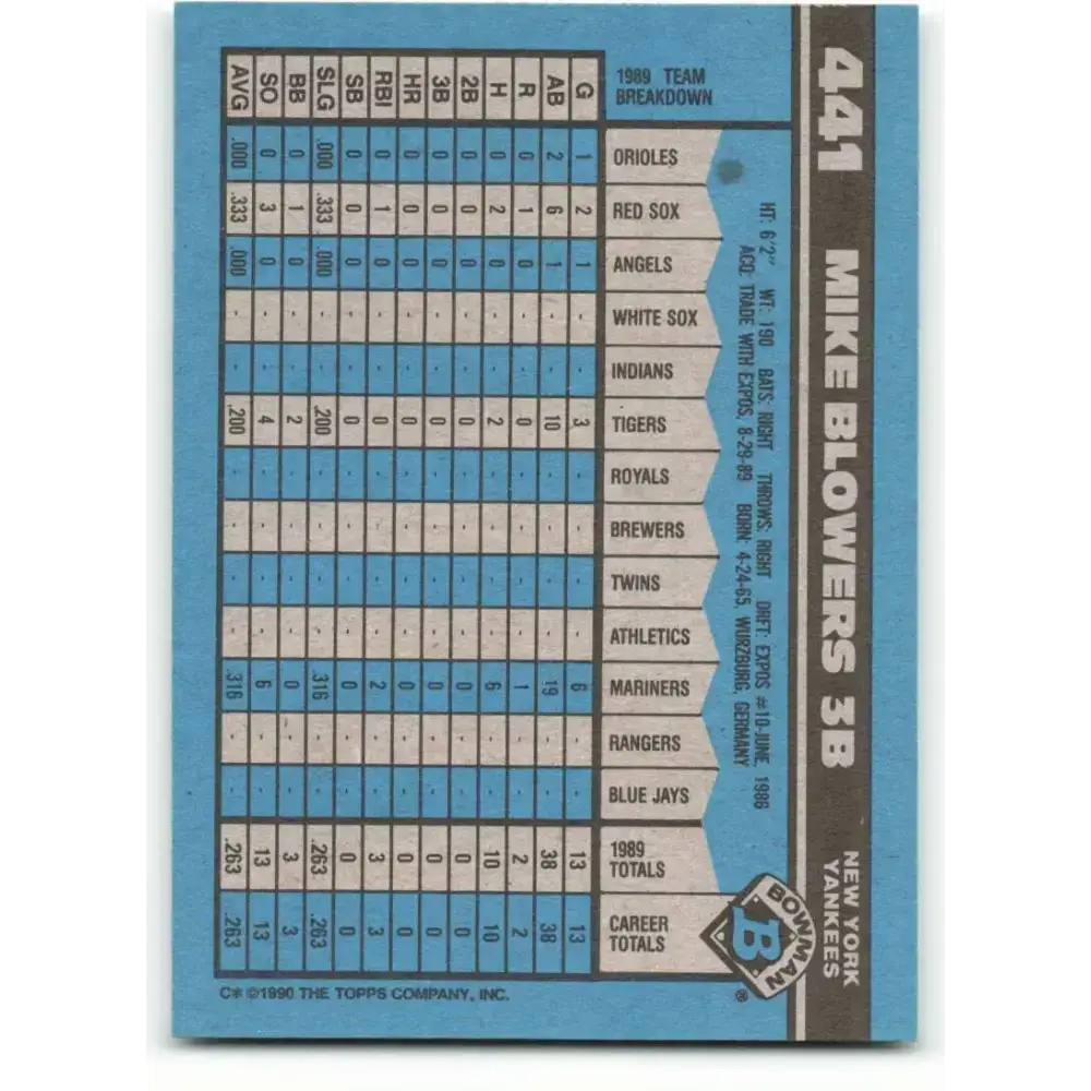1990 Bowman #441 Mike Blowers NM-MT RC Rookie New York Yankees Baseball Card - Baseball Card Single