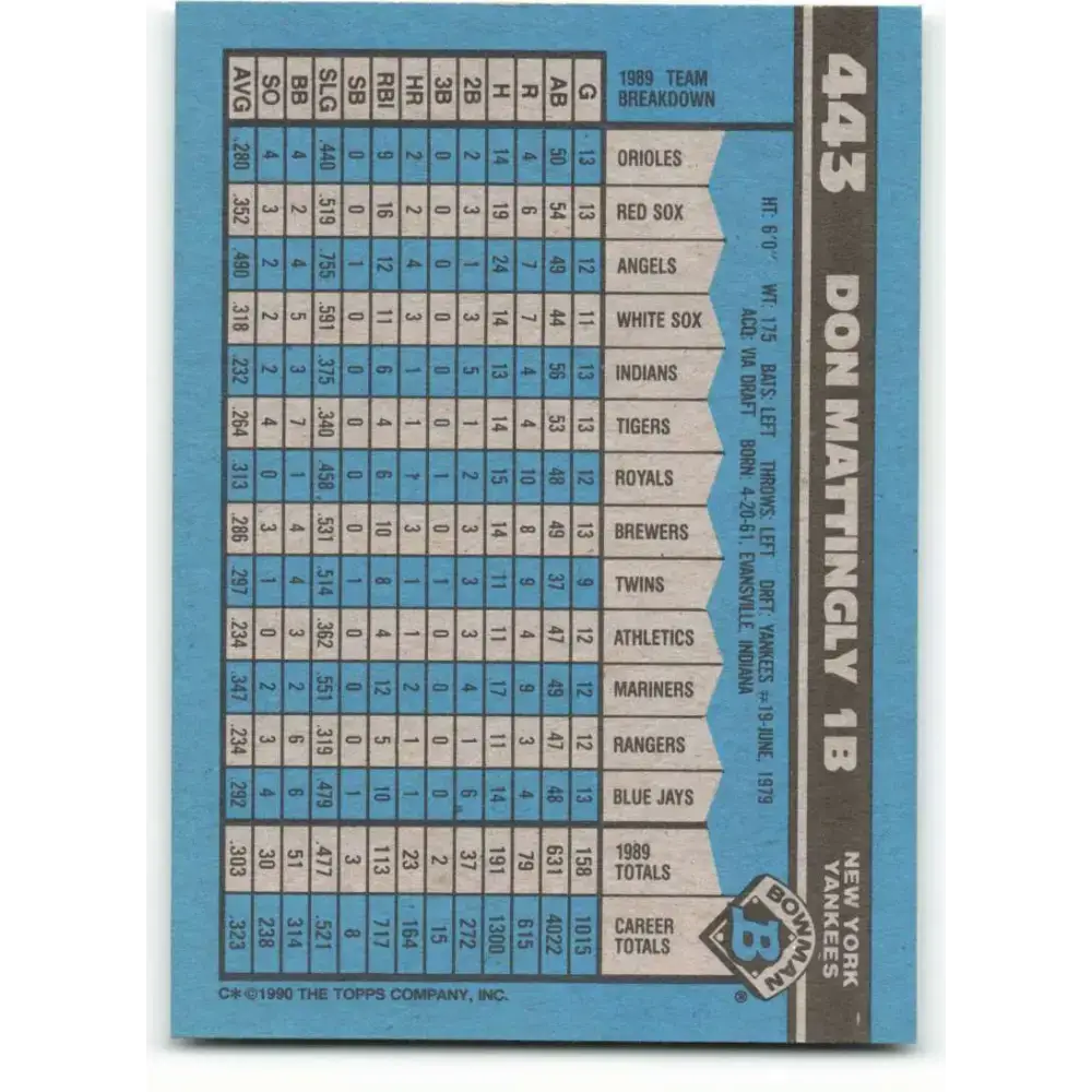 1990 Bowman #443 Don Mattingly NM-MT New York Yankees Baseball Card - Baseball Card Single