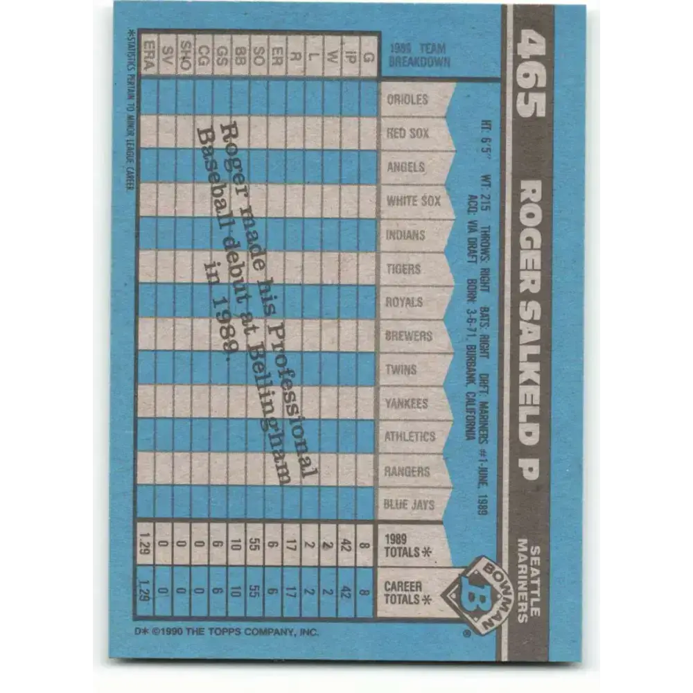 1990 Bowman #465 Roger Salkeld NM-MT RC Rookie Seattle Mariners Baseball Card - Baseball Card Single