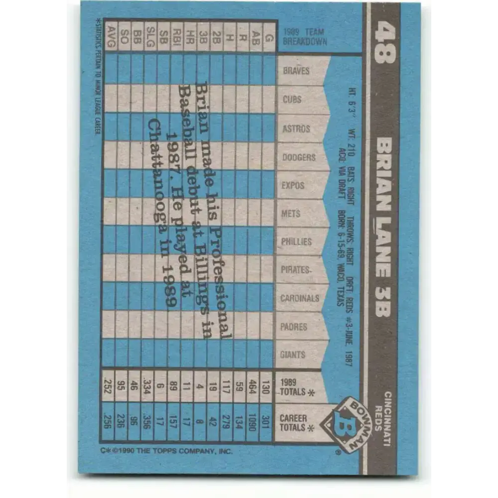 1990 Bowman #48 Brian Lane NM-MT RC Rookie Cincinnati Reds Baseball Card - Baseball Card Single