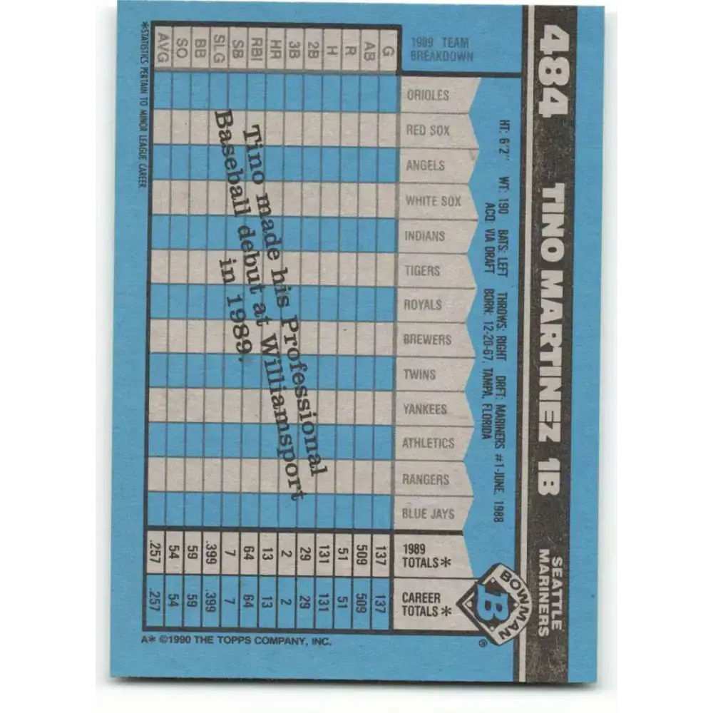 1990 Bowman #484 Tino Martinez NM-MT Seattle Mariners Baseball Card