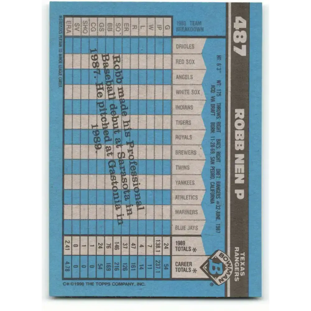 1990 Bowman #487 Robb Nen NM-MT RC Rookie Texas Rangers Baseball Card - Baseball Card Single