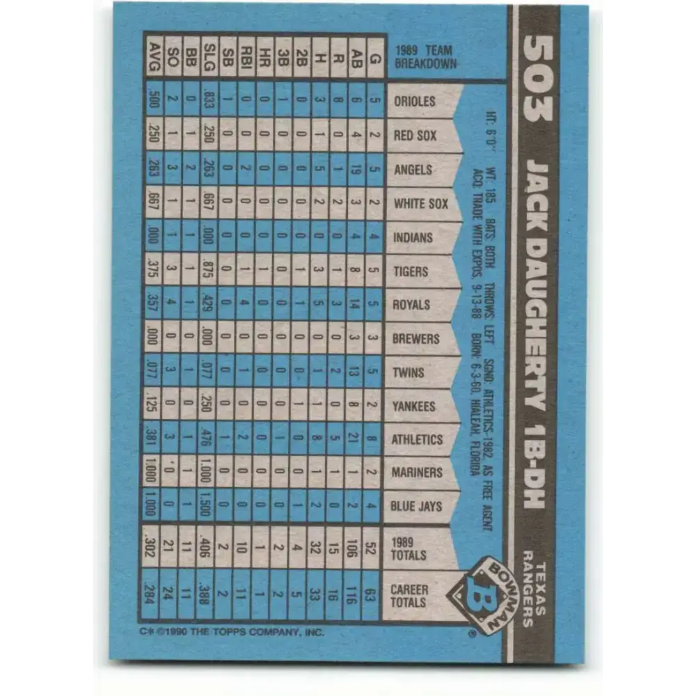 1990 Bowman #503 Jack Daugherty NM-MT RC Rookie Texas Rangers Baseball Card - Baseball Card Single