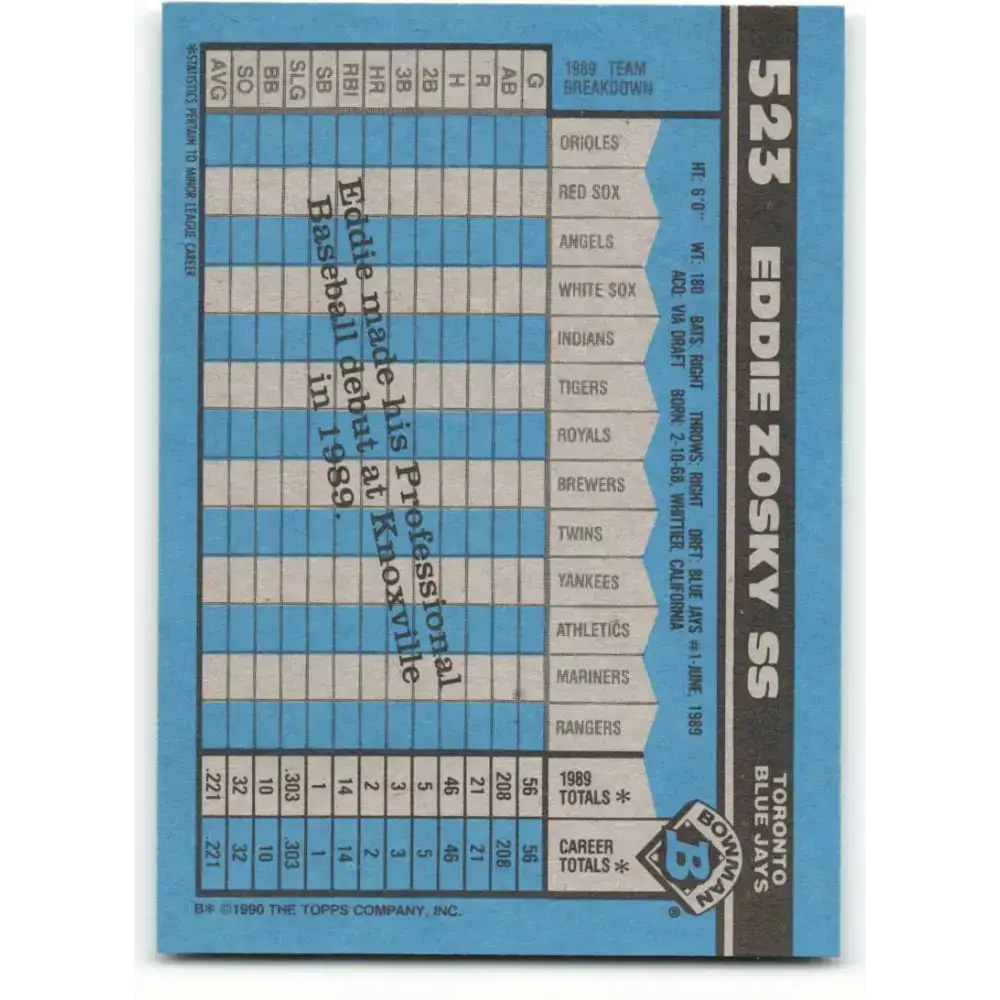 1990 Bowman #523 Eddie Zosky NM-MT RC Rookie Toronto Blue Jays Baseball Card - Baseball Card Single