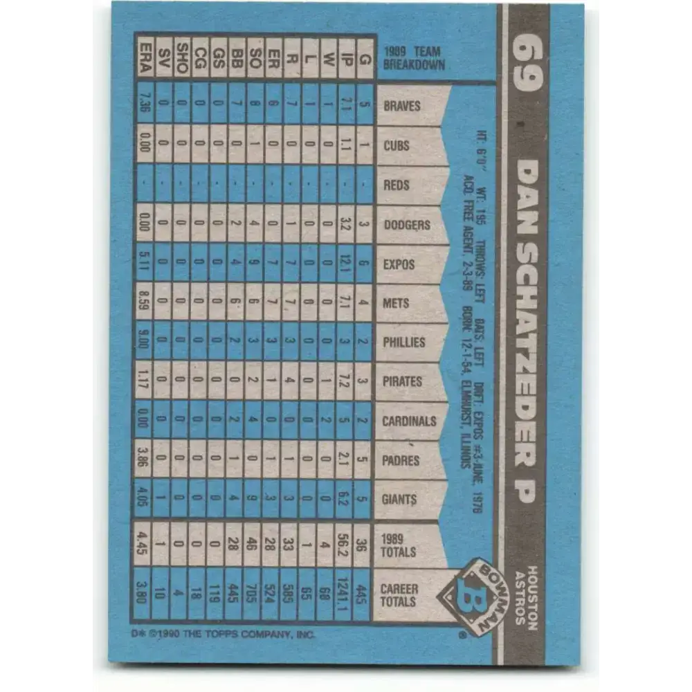 1990 Bowman #69 Dan Schatzeder NM-MT Houston Astros Baseball Card - Baseball Card Single