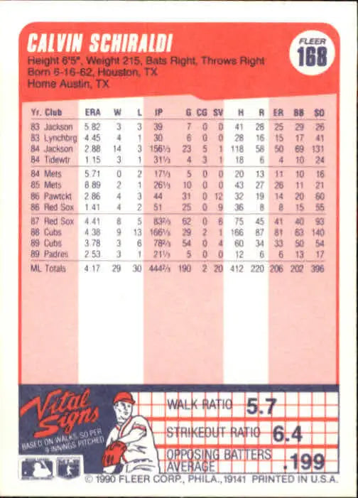 1990 Calvin Schiraldi Fleer Baseball Card #168 - Baseball Card Single