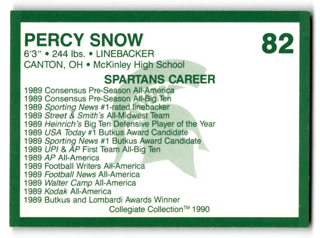 1990 Collegiate Collection Michigan State Spartans #82 Percy Snow - Football Card Single