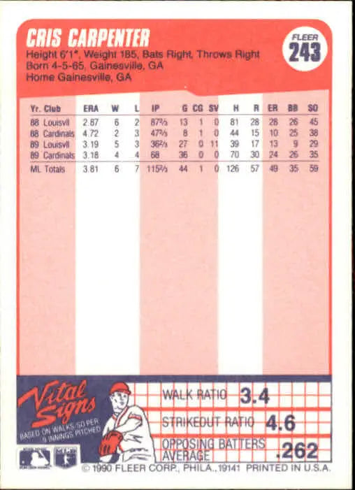 1990 Cris Carpenter Fleer Baseball Card #243
