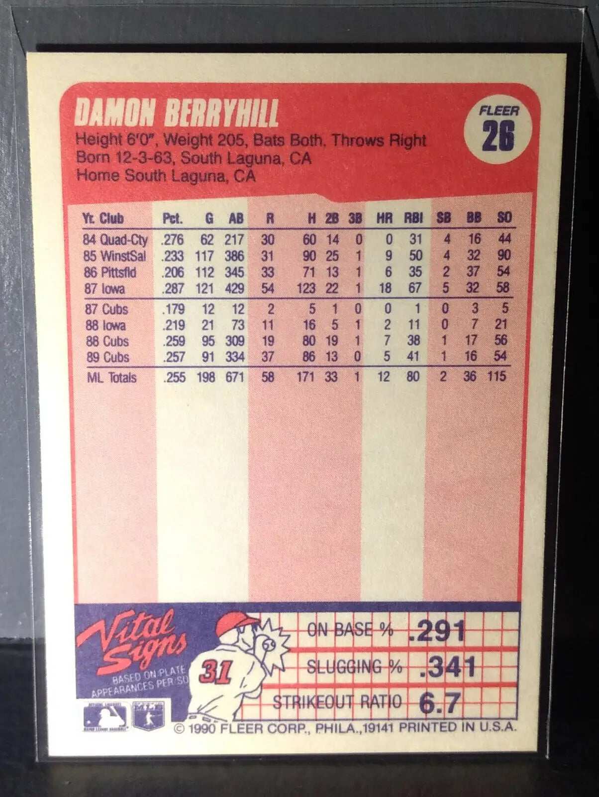 1990 Damon Berryhill Fleer Baseball Card #26 - Baseball Card Single