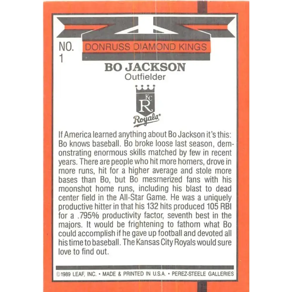 1990 Donruss #1 Bo Jackson DK VG-EX Kansas City Royals Baseball Card - Baseball Card Single
