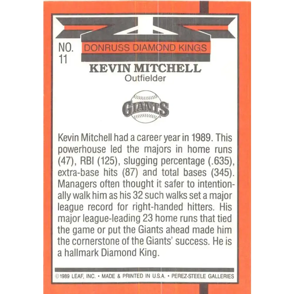1990 Donruss #11 Kevin Mitchell DK VG-EX San Francisco Giants Baseball Card - Baseball Card Single