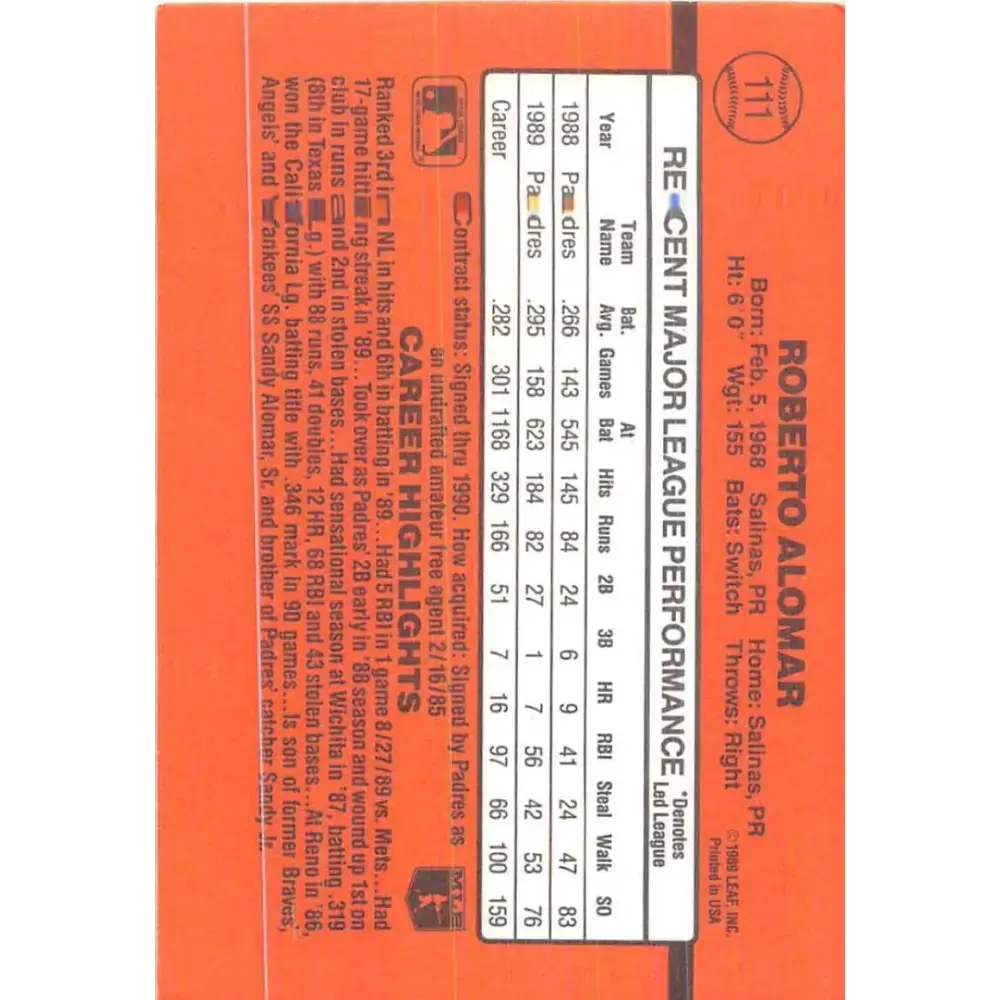1990 Donruss #111 Roberto Alomar VG-EX San Diego Padres Baseball Card - Baseball Card Single