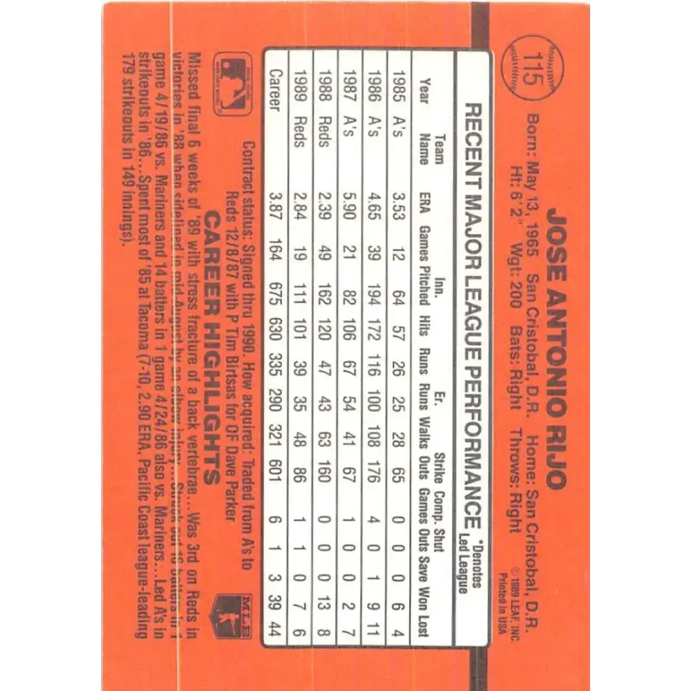 1990 Donruss #115 Jose Rijo VG-EX Cincinnati Reds Baseball Card - Baseball Card Single