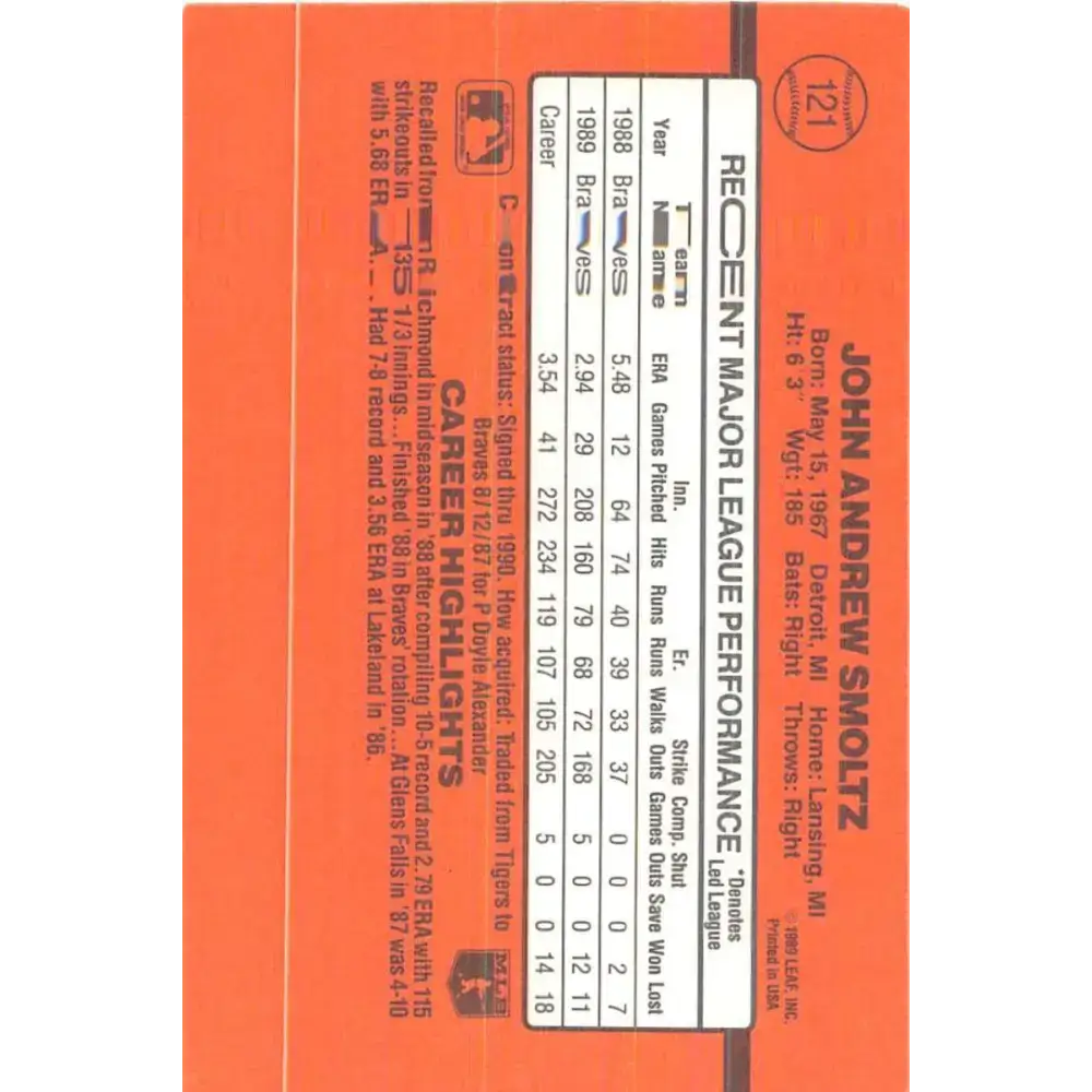 1990 Donruss #121 John Smoltz VG-EX Atlanta Braves Baseball Card - Baseball Card Single