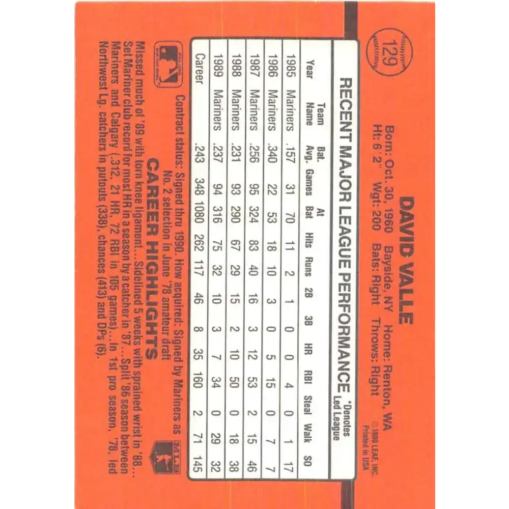 1990 Donruss #129 Dave Valle VG-EX Seattle Mariners Baseball Card - Baseball Card Single
