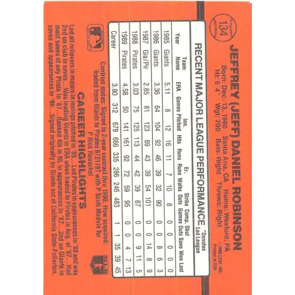 1990 Donruss #134 Jeff Robinson VG-EX Pittsburgh Pirates Baseball Card - Baseball Card Single